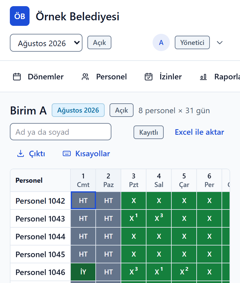 Aynı puantaj ızgarası telefonda: personel satırları ve ilk gün sütunları.